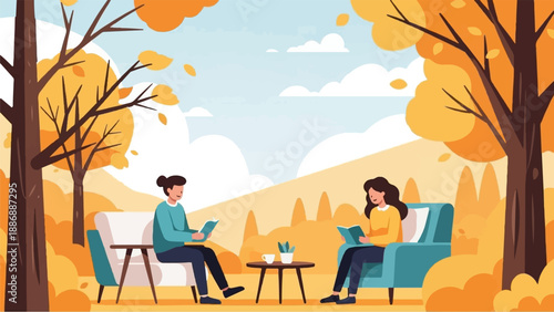 Two people reading books in autumn park on a sunny day