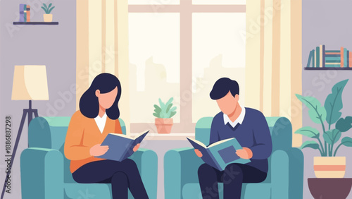 Two people reading books in comfortable armchairs next to a window