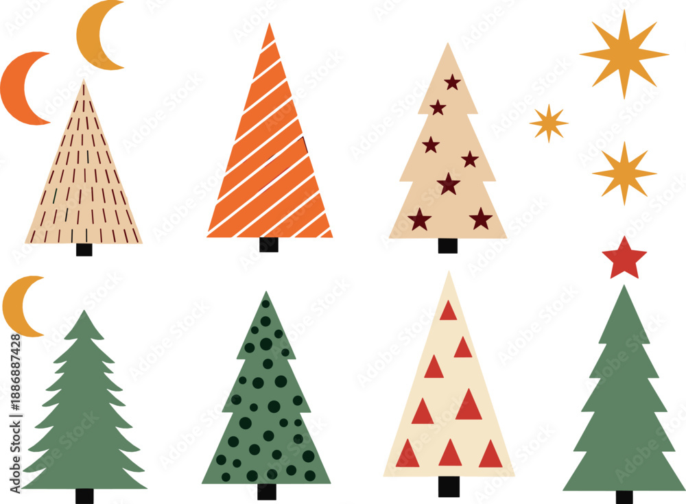 Fototapeta premium Minimal Christmas tree set with stars, moons, and geometric patterns in modern Scandinavian style for winter holidays and vector illustrations