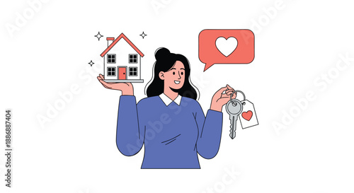 Young woman happily holding a small house model and keys to her new home, celebrating successful real estate purchase or rental.