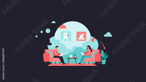 Two people reading on sofas, abstract background, clock, dog portrait