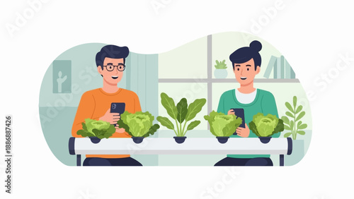 Two people interacting with smartphones near a hydroponic garden indoors