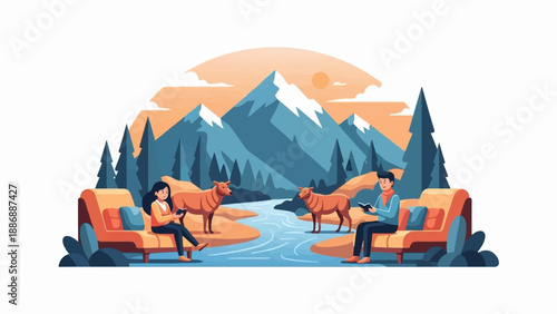 Two people reading on sofas by a river with mountains, trees, and deer