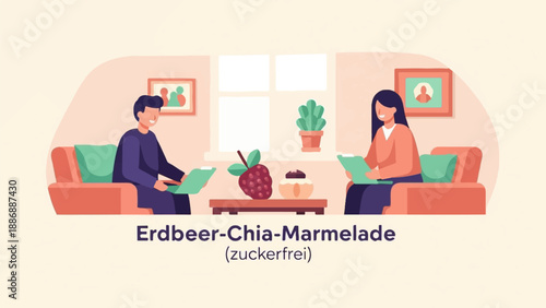 Two people relax on sofas in a room with strawberry jam, learning