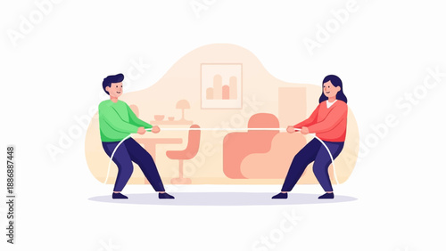 Two people locked in a tug of war inside a room