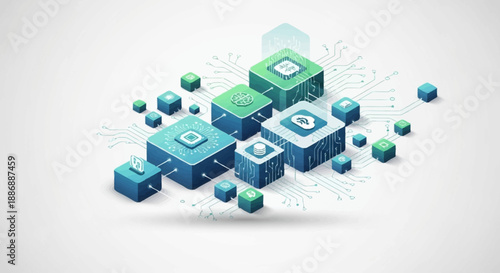 3D rendered blocks with various symbols and icons.