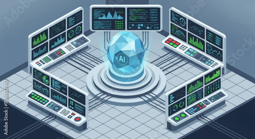 Futuristic AI Control Center with Multiple Screens and Data Analytics.