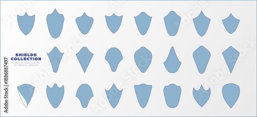 Shields collection set. Medieval heraldry crest emblems and armor badge shapes for coat of arms, fantasy RPG, game UI, logos and branding. Editable vector	