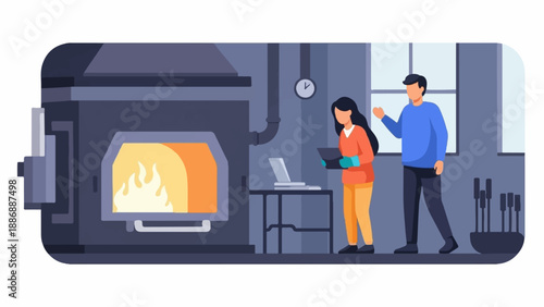 Two people observe a furnace with flames, a laptop on a table nearby
