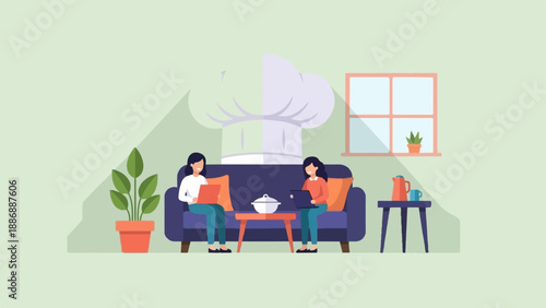 Two people on a couch using laptops, with a large chef hat symbol behind them