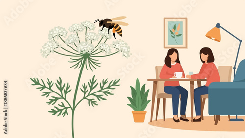 Two people sit at a table with drinks, a bee flies near a flower