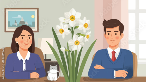 Two people sit at a table with flowers and a cat figurine, a painting on the wall