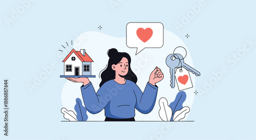 Happy woman holding a small house model and a set of keys with heart symbols, representing home ownership and real estate.