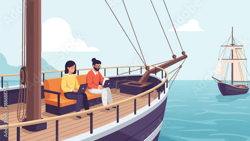 Two people on a ship's deck using laptops with another ship in the distance