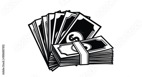 Graphic illustration of a fan of paper money and a bound stack of US dollar bills, representing wealth and financial success.