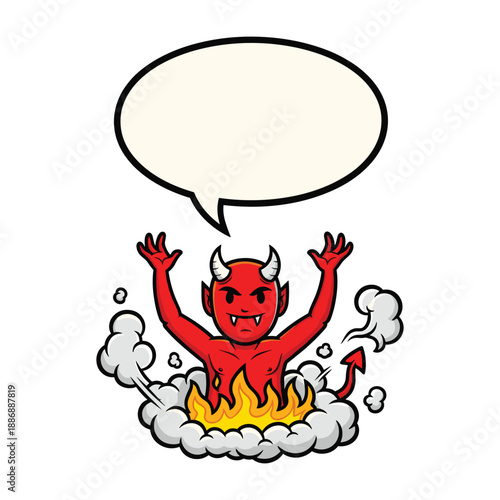 Cartoon devil rising from flames with speech bubble