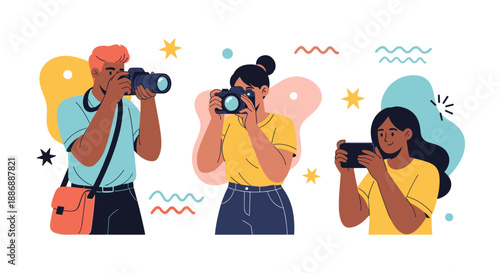 Group of three diverse photographers using professional cameras and a smartphone to capture images against a vibrant background.