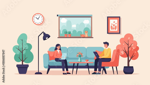 Two people work on laptops in a cozy, well-lit living room