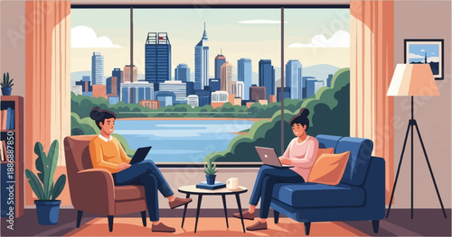 Two people work on laptops in a living room with a city view (1)