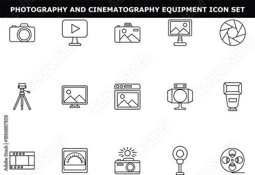 A collection of photography and cinematography equipment icons on a clean white background