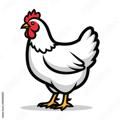 Cartoon white chicken with red comb and yellow beak