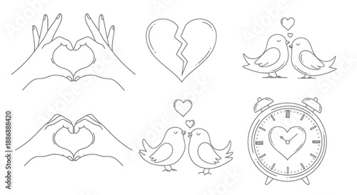 Collection of Stylized Line Art Icons Representing Love And Relationships With Hearts Birds And Broken Shapes For Romantic Themes