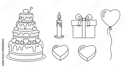 Celebration elements including a tiered cake with hearts a lit candle a wrapped gift box and a heart shaped balloon all in outline style for party