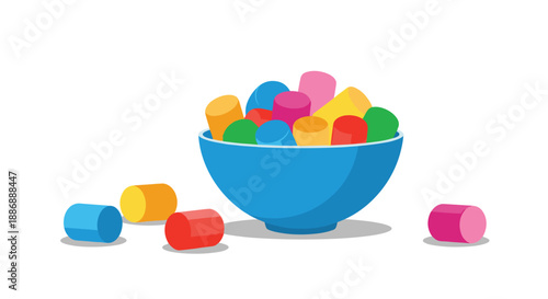 Blue ceramic bowl overflowing with colorful marshmallows in shades of pink, yellow, blue, red, and orange for a sweet treat.