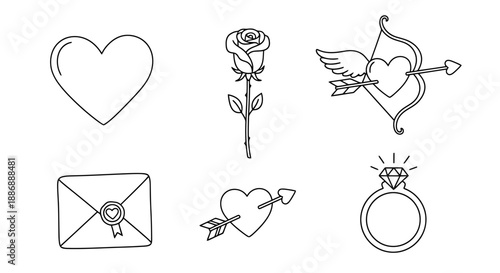 Collection of romantic symbols including hearts rose arrow envelope and engagement ring clean line art elements for design