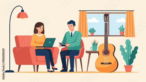 Two people in a living room, one on laptop, one reading, with guitar