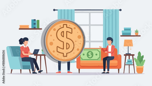 Two people in a living room with a giant dollar coin and bill