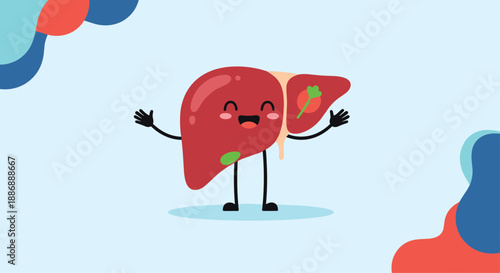 Friendly cartoon liver character with a smiling face and waving hands depicted on a light blue background with abstract shapes.