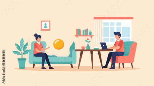 Two people in a minimalist room, one relaxing on a sofa, the other working on a laptop