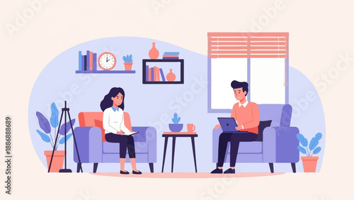 Two people in a living room with furniture and decor