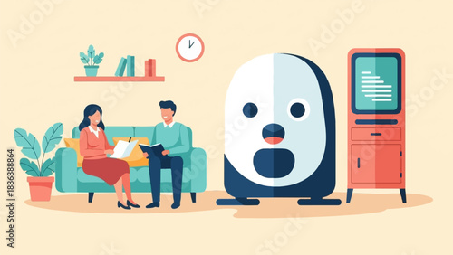 Two people in a room with a large cartoon-like character