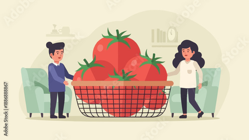 Two people in a room with a basket full of tomatoes