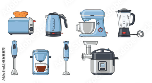Collection of modern blue kitchen appliances including a toaster, kettle, stand mixer, blender, hand blenders, coffee maker, and multi-cooker.