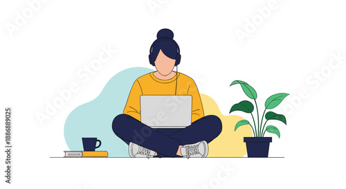 Simplified flat design illustration of a woman wearing headphones while working on a laptop on the floor with books, coffee, and a plant.