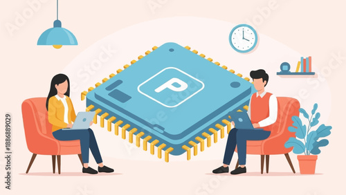 Two people sit in chairs working on laptops beside a large computer chip