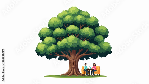 Two people sit at a table under a large green tree