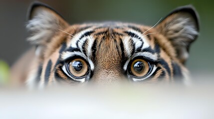 Close-up portrait of tiger eyes and face with intense golden gaze and distinctive black stripes. Wildlife photography showcasing natural beauty and power.