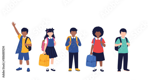 Group of five diverse school children of different ethnicities wearing uniforms and carrying colorful backpacks standing together in a row.