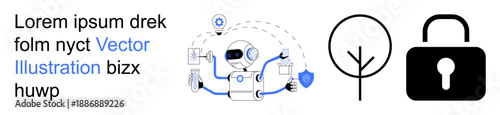 Artificial intelligence, data security, environmental sustainability, robotics, technology integration, privacy protection. Robot with floating elements, tree symbol padlock icon. Artificial
