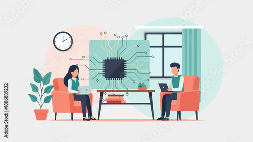 Two people use laptops in a room with a large circuit board illustration