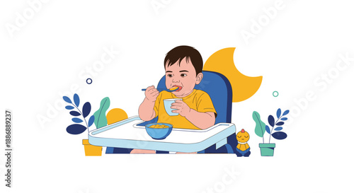 Cute baby sitting in a high chair and eating from a blue bowl with a spoon while surrounded by plants and a yellow moon graphic.