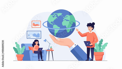 Two people use laptops at home while a giant hand holds the globe