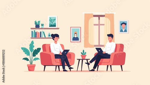 Two people sitting in armchairs using laptops in a cozy room