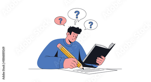 Conceptual illustration of a man writing in a book using a giant yellow pencil with three blue question marks floating above his head.