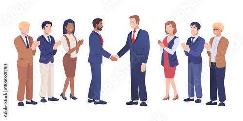 Business professionals in suits shaking hands and being applauded by colleagues