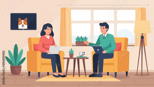 Two people sitting in armchairs with laptops, a dog on screen